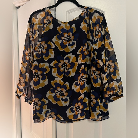 Cabi Lydia #3426 Floral Navy and Mustard Blouse - Picture 2 of 4